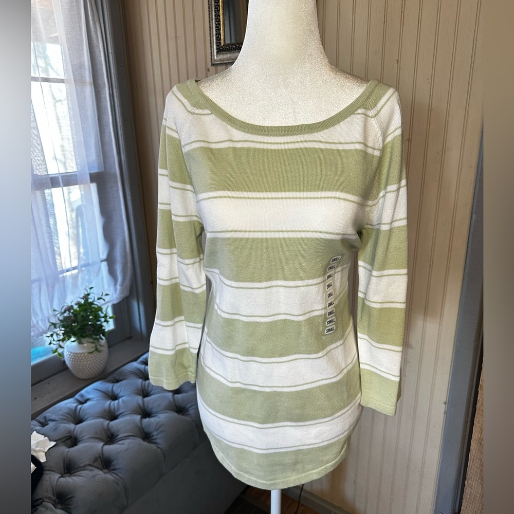 Jeanne Pierre Striped Sweater Womens Small Aloe Mist Green White Cotton NWT